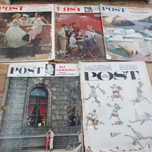 Vintageparti med 5 The Saturday Evening Post-tidningar från 1957, 1959, 1960 och 1964. De flesta omslagen är lösa och luktar unken. Bra annonser.