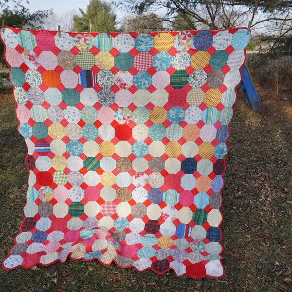 Quilt vintage colorful quilt repurpose or use in cabin lake or beach house 78 x 64" red background with multicolor octagonal pieces