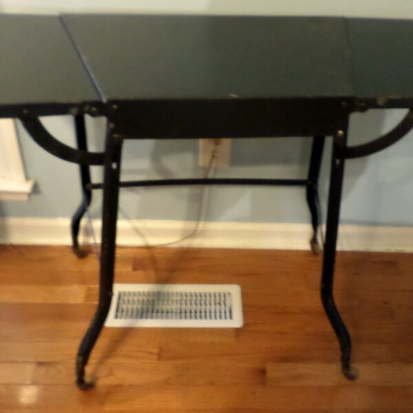 Vintage Folding Metal Typewriter desk or stand Rolling on Casters Drop Leaf Style Table Black