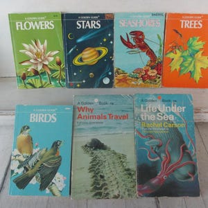 Lot of 7 Vintage Nature Guide books, Golden Guides, 2 Golden books Why Animals Travel, Life Under the Sea, Flowers, Birds Seashores, Stars
