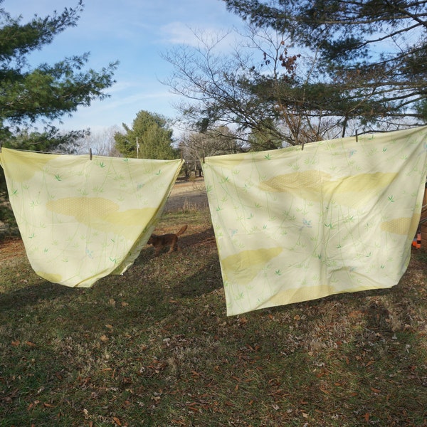 Martex vintage twin flat and fitted sheets Hanae Mori yellow sheet with green bamboo green and purple birds patches of yellow gold clouds?