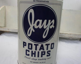 Vintage 1986 Jays Potato Chips Can / Tin / Canister They're Eeezzy Eating almost 12" tall and 7" wide Several dents in lid