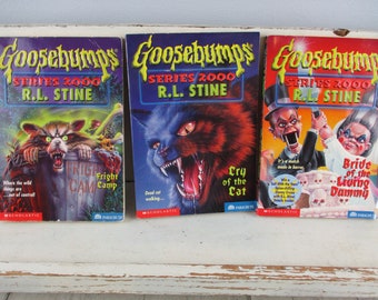 Vintage Lot of 3 Goosebumps Series 2000 by R. L. Stine #1, #2 and #8, Cry of the Cat, Fright Camp, Bride of the Living Dummy