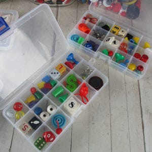 Loose Parts Play / Vintage confetti :) Mix of game parts, dice, jacks, marbles etc in plastic storage container or in bag Please specify image 1