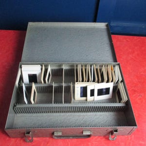 Vintage 35mm Slides Tray / Case Metal Box with some vintage family type slides photos Measures about  11&quot; x 7 1/2&quot; x 2&quot; with handle