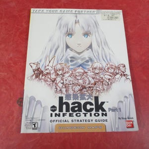 Puede incluir: Una guía de estrategia para el videojuego .hack//INFECTION Parte 1. La portada presenta una ilustración de estilo anime de una mujer con cabello largo blanco y ojos azules, junto con varios otros personajes.