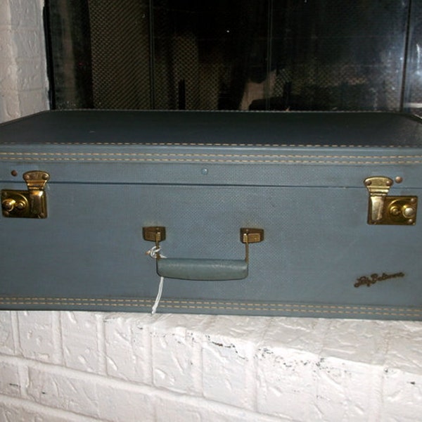 Vintage Lady Baltimore Blue Suitcase 1950's Mid Century Luggage Square and Stackable Great Decor