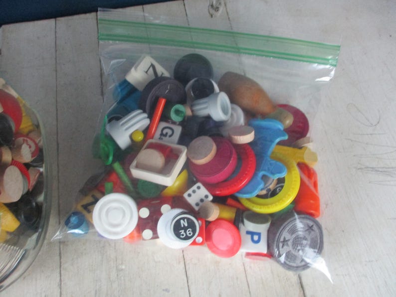 Loose Parts Play / Vintage confetti :) Mix of game parts, dice, jacks, marbles etc in plastic storage container or in bag Please specify image 2