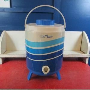Vintage Gold Seal Water Cooler 2 gallon (I think) Great Blue and white stripes with legs and strainer complete
