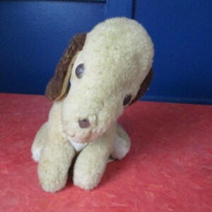 May include: A vintage plush dog toy with a cream-colored body and brown ears. The dog has dark eyes and a brown nose. The toy is sitting on a red surface with a blue background.