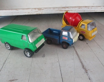 Vintage Lot of 3 Metal Toys Tonka Van and Cement Mixer and Tuf-line truck 4 and 5 inches long
