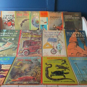 Lote de 14 libros de Golden Press Golden Library of Knowledge Década de 1950 Década de 1960 Primeros automóviles, mapas, rocas, energía y potencia, reptiles