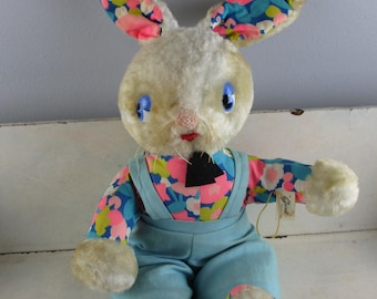 Vintage Gund J. Swedlin Bunny Rabbit Flower Power fabric 1960&#39;s or 70&#39;s Plush Blue plastic eyes 17&quot; tall