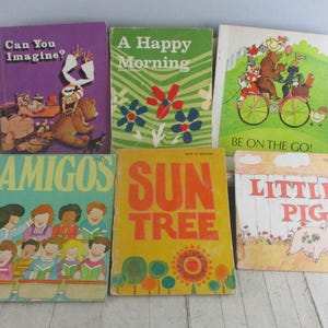 Children's vintage school readers Student books Small softcover Lot of 6 from 1970's Great for homeschooling or learning to read