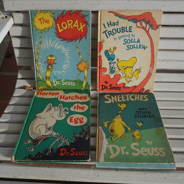 Dr Seuss lot of 4 vtg hardback books The Lorax I Had Trouble in getting to Solla Sollew Horton Hatches the Egg The Sneetches Book Club Ed