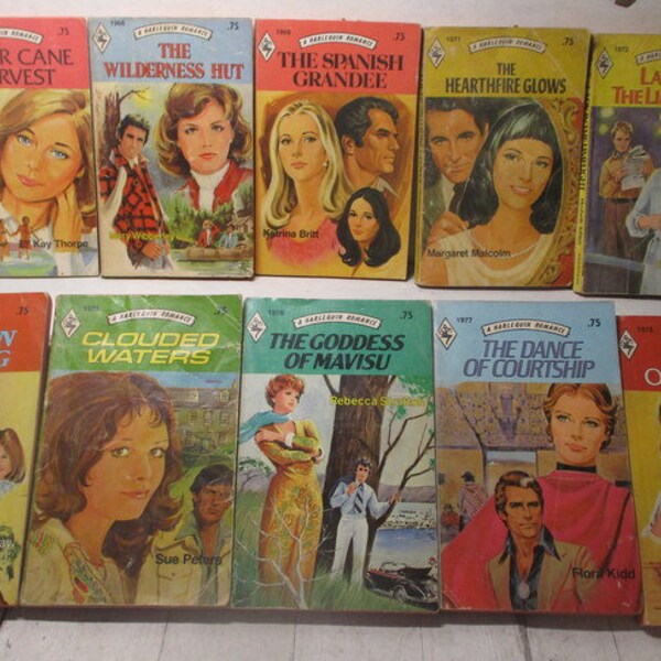 Vintage 1970's 1980's Lots of 10 Colorful HARLEQUIN ROMANCE books buy 1 lot or all 5 Sequential order all lots are unique Estate Collection