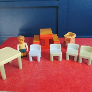 Dollhouse furniture vintage Little Tikes Dollhouse sized Baby&#39;s  High Chair picnic table, table and 4 chairs and Mother figure