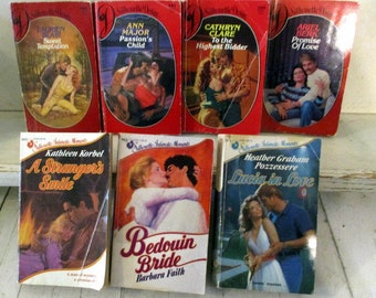 FINAL SALE Vintage 1980's Lot of 7 Colorful SILHOUETTE Romance paperback books, Desire, Intimate Moments, Ann Major, Barbara Faith