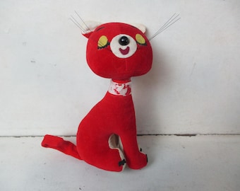 Vintage Fun Farm rode kat pluche 7" hoog gemaakt in Japan verzamelbaar pluche Lichte beschadiging bij kraag