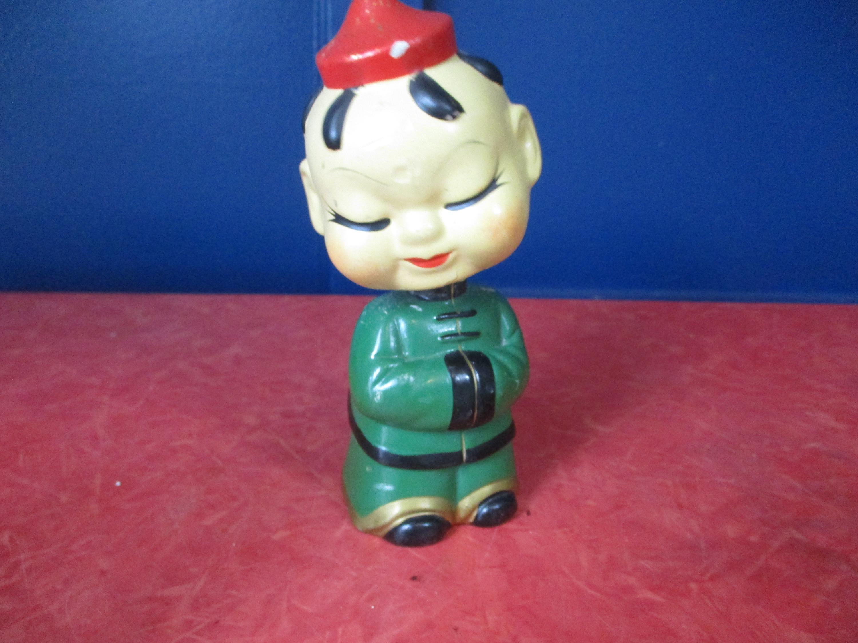 Figurine Vintage Asian Boy Bobble Head - Yeux En Pierre, Collection, état D'usage