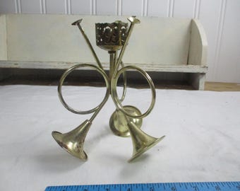 Vintage Brass Candlestick Candle Holder 3 French Horns 8" tall Rust in a few spots