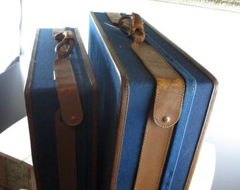 Nice Matching Pair of Blue Tweed Hartmann Luggage Suitcases with Leather Belt Cool Interior Clean Inside Large and Medium Suitcase