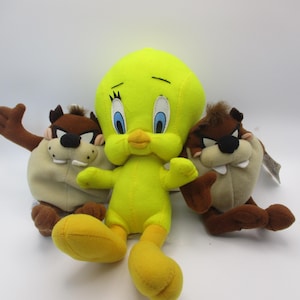 Vintage Looney Tunes Plushies Lot of 2 Tasmanian Devils and 1 larger Tweety Bird Ace Toys Applause Warner Bros