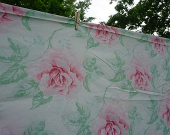 Bibb queen fitted sheet white background with big roses in pinks leaves in greens for bed or repurpose
