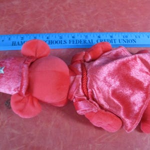 May include: A red plush toy, possibly a costume, with a pointed hat featuring a silver star and a cape. A blue ruler with white text is in the background. The text on the ruler reads "HAM SCHOOLS FEDERAL CREDIT UNION".