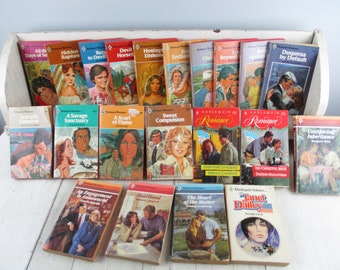 Vintage 1970s early 1980s and 90's Lot of 21 Colorful HARLEQUIN ROMANCE books Janet Dailey, Jessica Steele and more