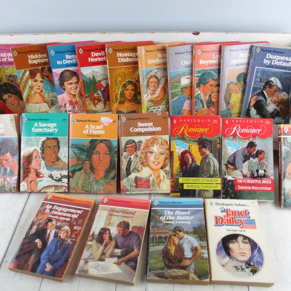 Vintage 1970s early 1980s and 90's Lot of 21 Colorful HARLEQUIN ROMANCE books Janet Dailey, Jessica Steele and more