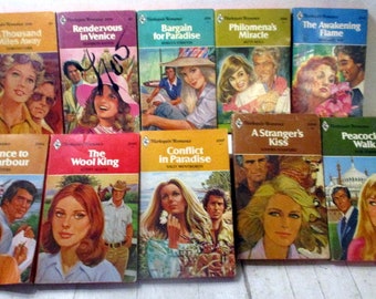 Vintage 1980&#39;s Lots of 10 Colorful HARLEQUIN ROMANCE books buy 1 lot or all 5 Sequential order all lots are unique Estate Collection F Lots