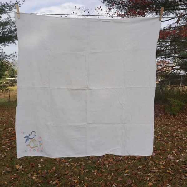 FINAL SALE Tablecloth vintage lightweight probably all cotton 37 x 37" with a little bluebird flowers and a salt shaker in one corner