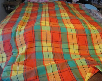 Vintage 1970's Stadium Blanket or Tablecloth Penn Prest Fashion Manor Orange, Yellow and Green Plaid Possibly Bedspread about 68" x 98"