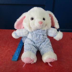 May include: A plush white bunny toy with pink inner ears, a pink nose, and dark eyes. It wears blue floral overalls and a blue and white checkered shirt. A blue ruler is next to the bunny.