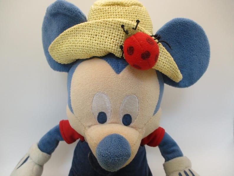 May include: A plush toy mouse with blue ears, a beige face, and a yellow crocheted hat. A red ladybug with black spots is attached to the hat. The mouse wears a red and blue outfit.
