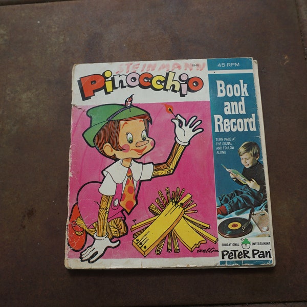 Children's Book and record Peter Pan Record Pinocchio  24 page book and record Pinocchio Geppetto Good Fairy The Whale Real Live Boy