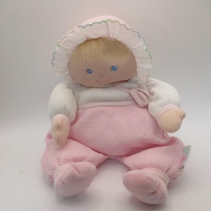 Vintage Eden Toys Waffle Weave Pink and white baby doll blue eyes Some pilling of the fabric 11" in played with condition