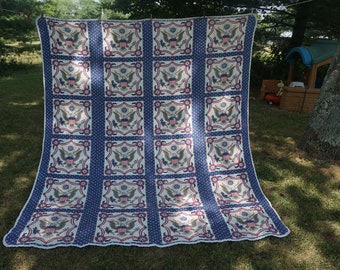 Quilt vtg quilt 91 x 82" in red white and blue with stars eagle E Pluribus Unum for bed or repurpose cabin beach house mountain home