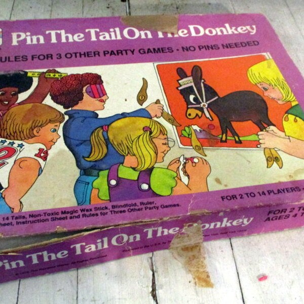 Vintage 1975 Rainbow Works Pin The Tail on the Donkey game Uncut and unused although box is torn and worn