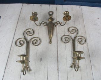 Vintage Unique Lot of 3 Candle Wall Sconces Large Candle Holder Brass Wall Candle Holders  matched pair hold 1 candle each the other holds 2