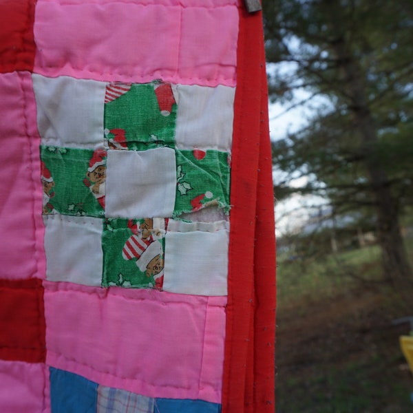 Quilt vtg 75 x 64" pink with colorful squares on one side red on other other side for bed repurpose use in mountain cabin lake beach home