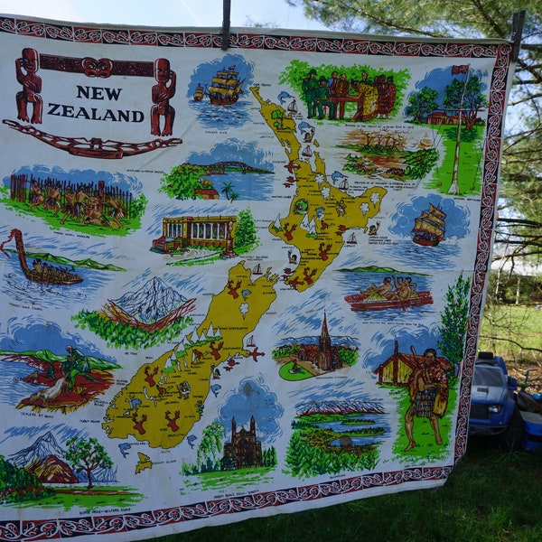 Tablecloth vintage New Zealand tablecloth measures 36 x 33" with New Zealand landmarks Maori Tribal Warfare Christchurch Cathedral Mt Cook