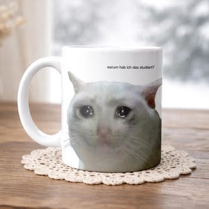 May include: White ceramic mug with a meme of a crying white cat. The mug has a curved handle and the text "warum hab ich das studiert?" printed on it. The mug is placed on a decorative doily.