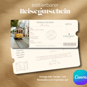 Könnte beinhalten: Ein Reisegutschein-Design mit einem Foto einer gelben Straßenbahn in Lissabon. Der Gutschein enthält deutschen Text, wobei die Wörter "Reisegutschein" und "Lissabon" sichtbar sind. Das Design befindet sich auf beigem Hintergrund.