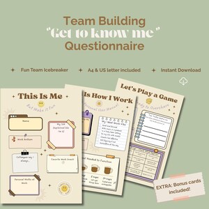 Könnte beinhalten: Ein Team-Building-Fragebogen-Set mit dem Text "Get to know me". Das Set enthält drei bedruckbare Seiten mit Aufforderungen wie "This Is Me" und "Let's Play a Game". Bonus-Karten sind enthalten. Das Design ist in Beige- und Brauntönen gehalten.