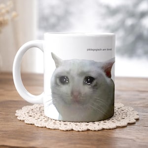 Könnte beinhalten: Weiße Keramik-Tasse mit einem Meme einer weinenden weißen Katze. Die Tasse hat einen Henkel und der Text "pädagogisch am limit" ist auf der Seite aufgedruckt. Die Tasse steht auf einer dekorativen Untersetzer.