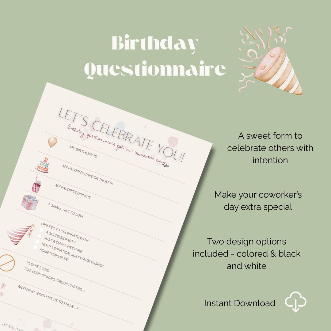 Printable Birthday Questionnaire – Work Birthday Form for Teams ...