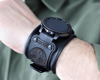 Personalized Leather Strap for Apple, Samsung, Google Pixel Watch, Cuff Smartwatch Black Band