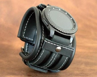 Personalized Black Leather Cuff Watch Strap, Wide Handmade Band Apple Watch